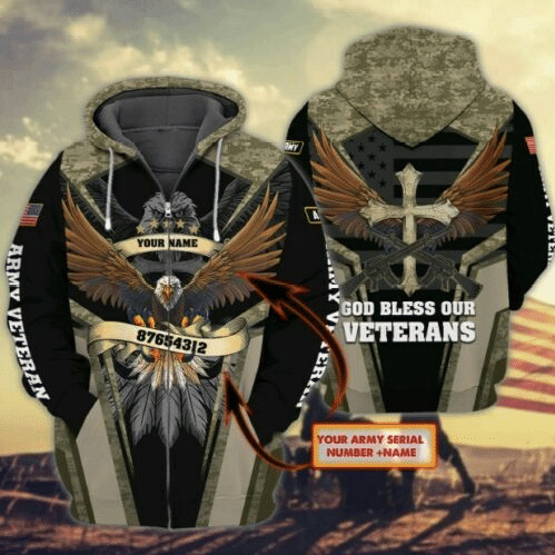 Army God Bless Our Veterans Custom Name 3D All Over Print Hoodie Sweatshirt