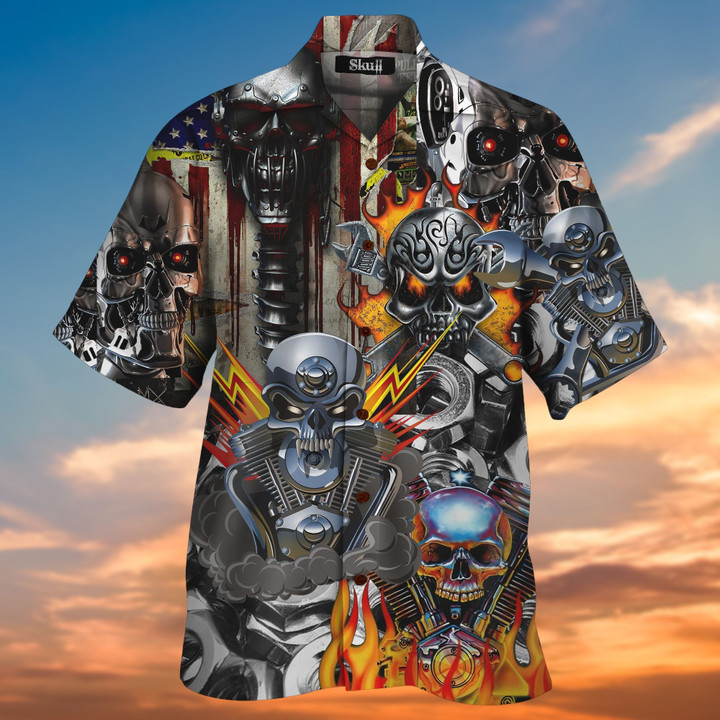 Skull On Fire Machine 3D Hawaiian Shirt