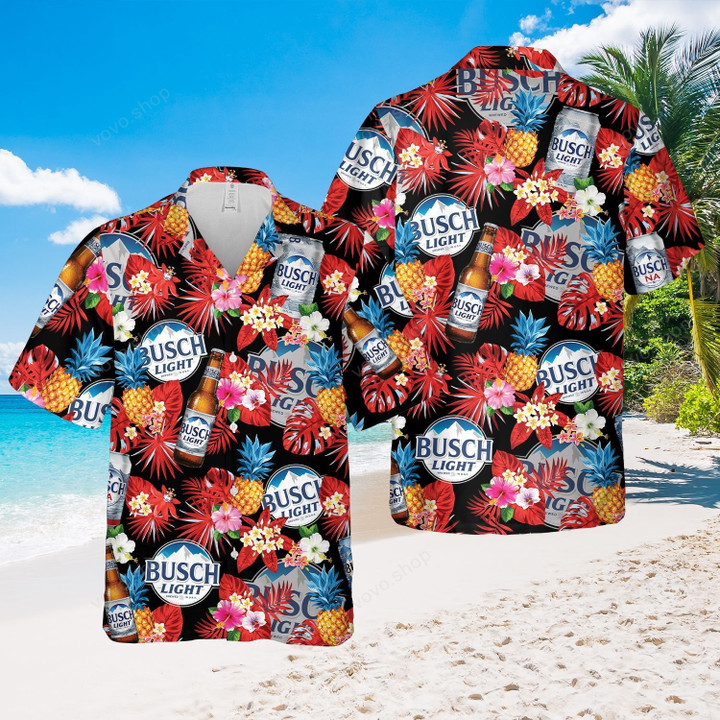 Busch Light Beer Tropical Flower Black Hawaiian Shirt