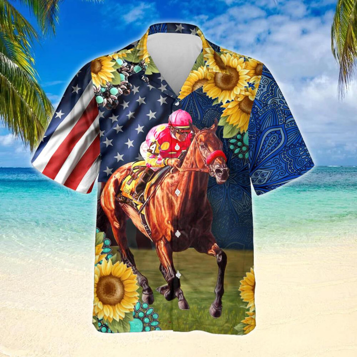 Horse Racing Sunflower Hawaiian Shirt