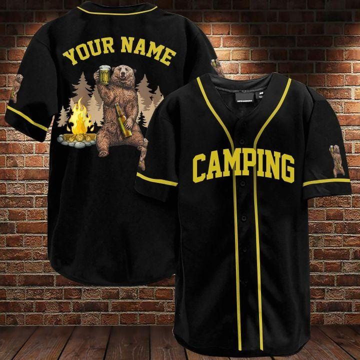 Personalized Name Camping Bear Drinking Beer Black Baseball Jersey