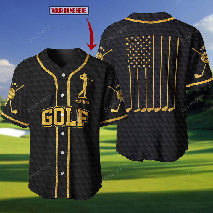 Personalized Name Golfer Black Yellow Flag Baseball Jersey