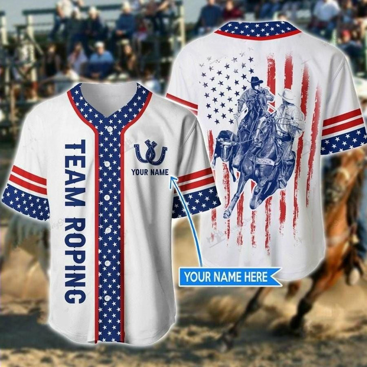 America Team Roping White Personalized Name Baseball Jersey