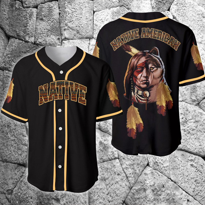 Native Man And Wolf Black Baseball Jersey