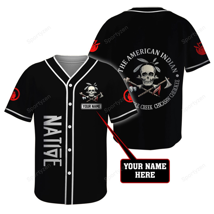 Native American Skull Cool Black Personalized Name Baseball Jersey