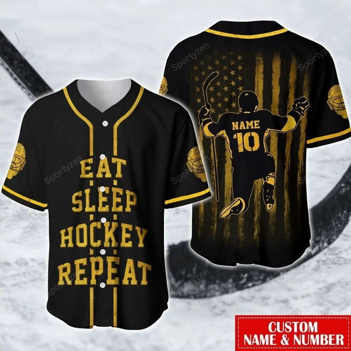 Eat Sleep Hockey Repeat Flag Personalized Name And Number Baseball Jersey