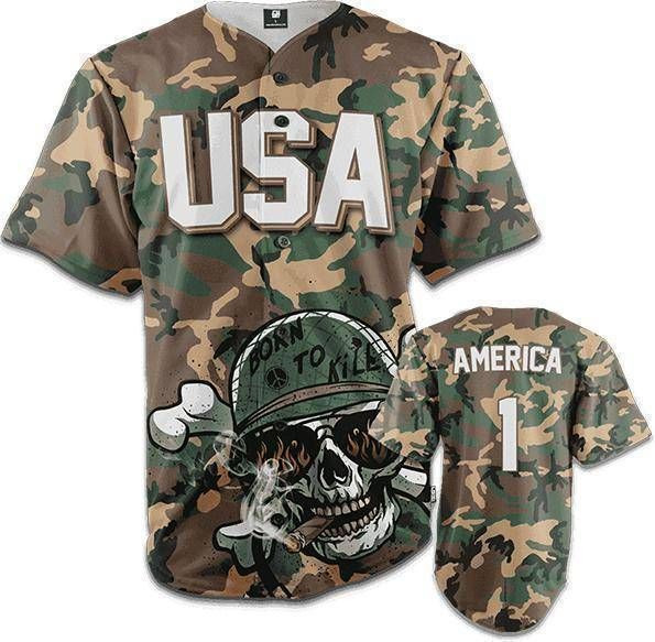 Custom Number Skull Born To Kill U.S.A Veteran Camo 3D Baseball Jersey