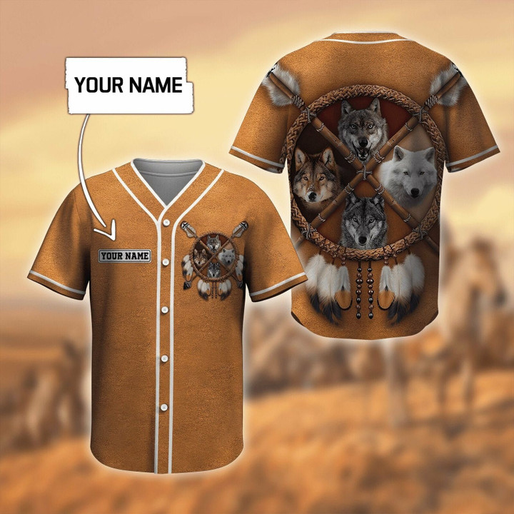 Personalized Name Native Wolf Brown Baseball Jersey