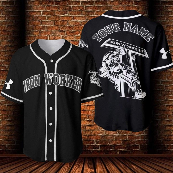 Personalized Name Black & White Ironworker Baseball Jersey