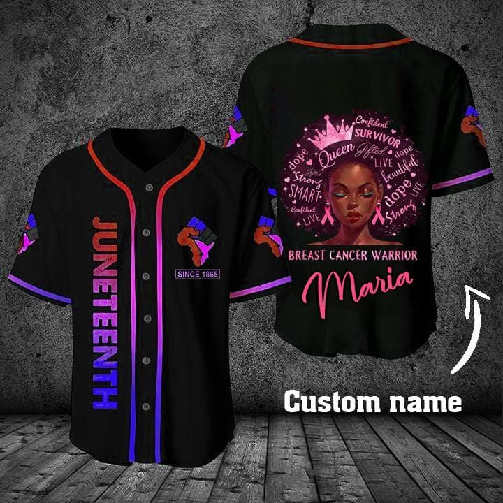 Personalized Name Juneteenth Since 1865 Black girl breast cancer warrior Baseball Jersey