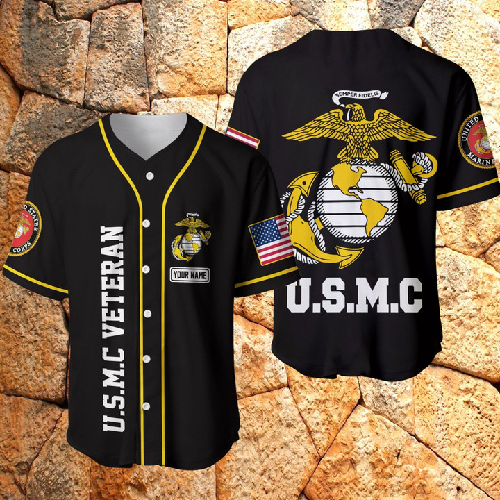 Personalized Name US Marine Corps Veteran Yellow Black Baseball Jersey