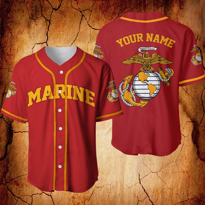 Personalized Name US Marine Corps Veteran Red Baseball Jersey