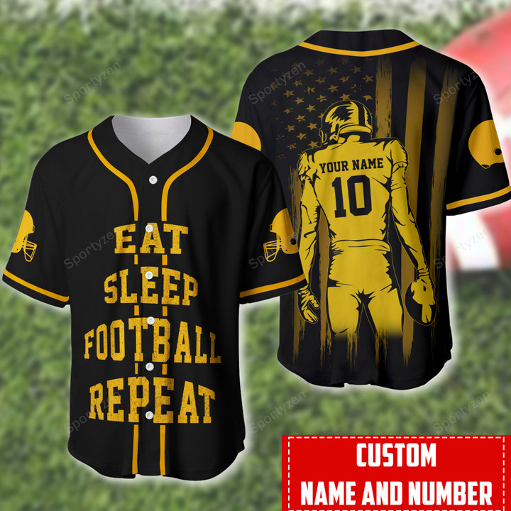 Eat Sleep Football Repeat Personalized Name And Number Baseball Jersey