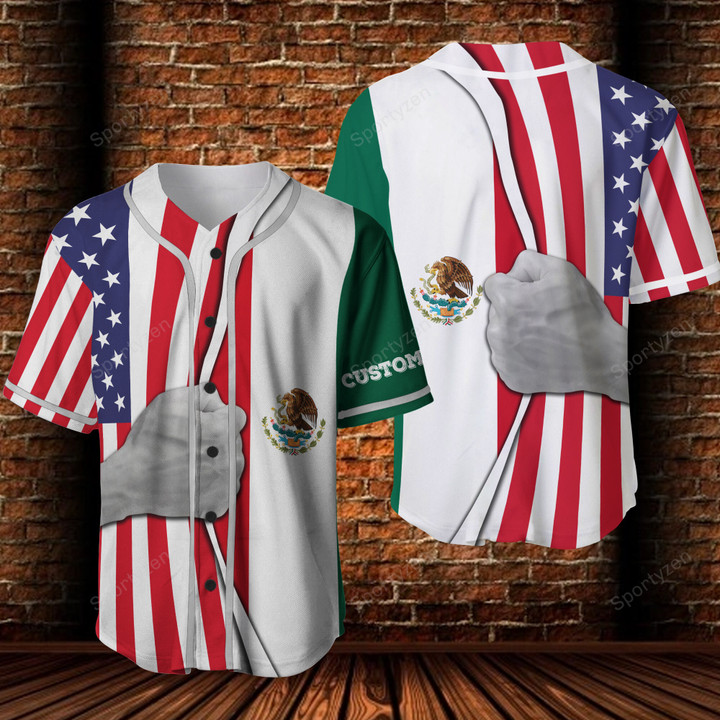 Personalized Name Mexican And American Flag Baseball Jersey
