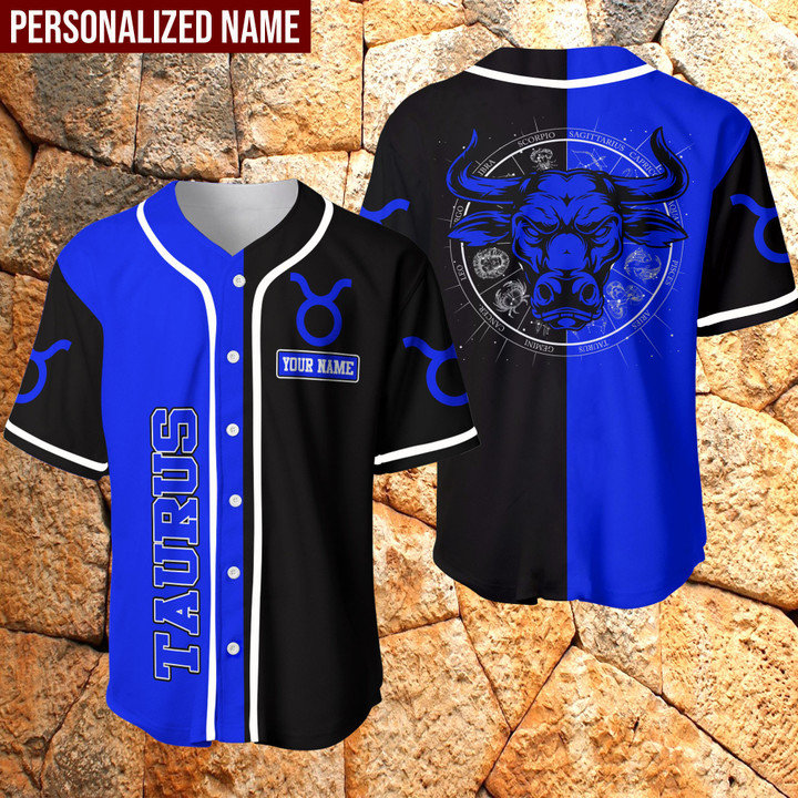 Personalized Name Simple Taurus Zodiac Black Blue Baseball Jersey