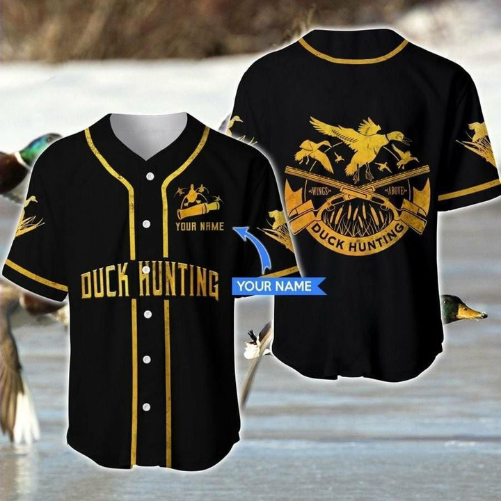 Duck Hunting Black And Gold Personalized Name Baseball Jersey