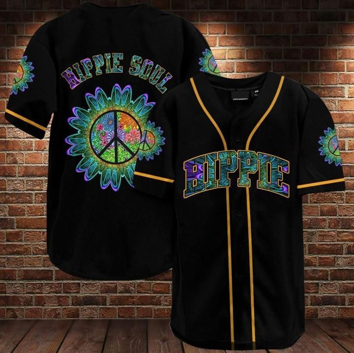 Black hippie soul kaleidoscope peace sign flower Baseball Jersey