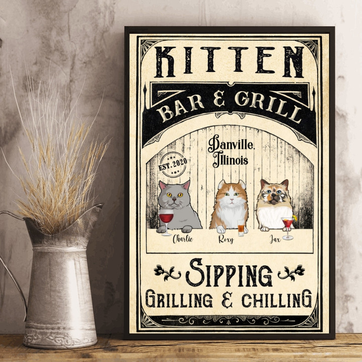 Personalized Cat Bar & Grill, Cat Breeds, Drink, Quote Portrait Poster