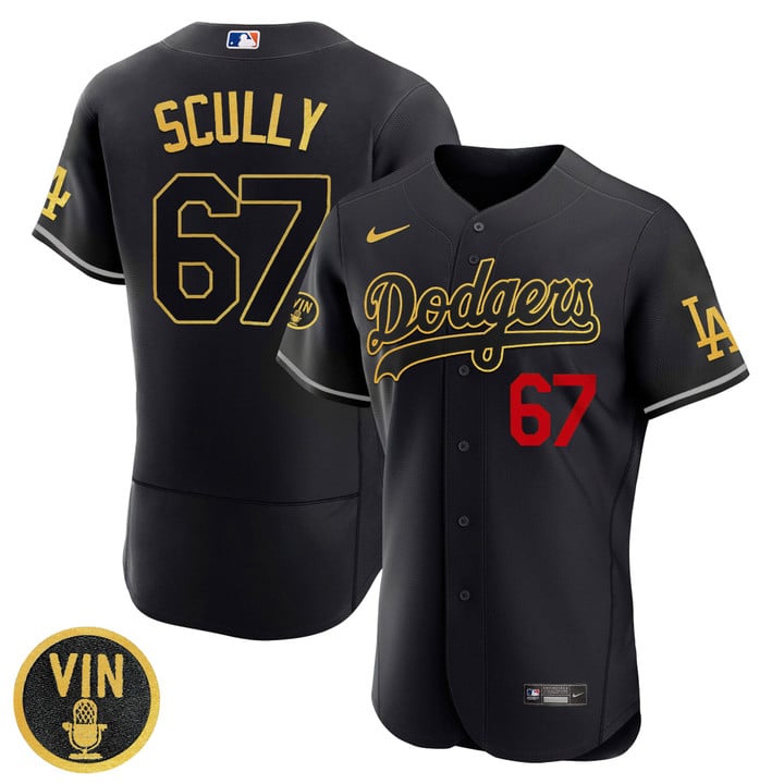 Los Angeles Dodgers Vin Scully Patch Black Gold Respect Jersey - All Stitched