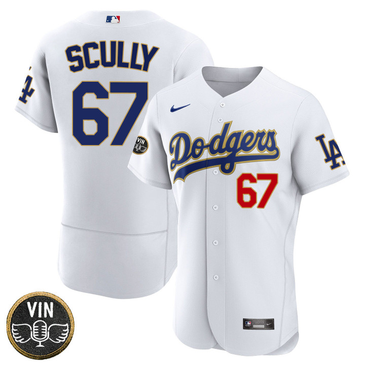 Los Angeles Dodgers Vin Scully Angel Patch Gold Trim Jersey - All Stitched