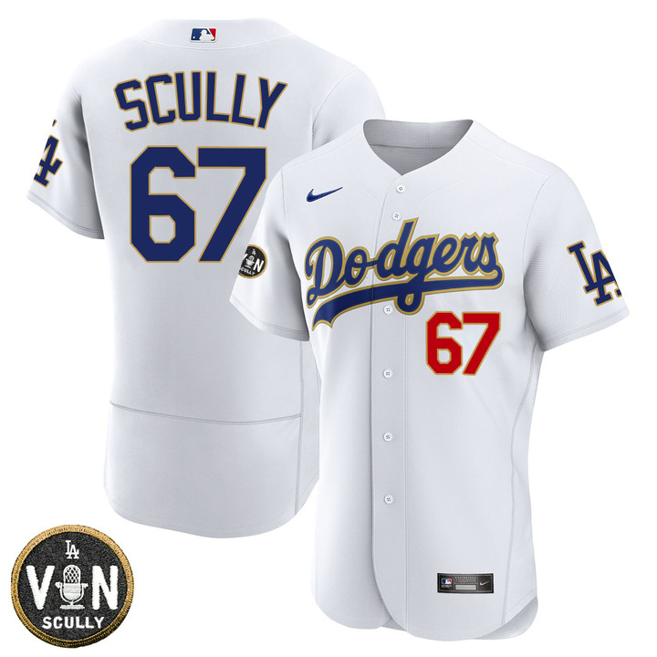 Los Angeles Dodgers Vin Scully With Commemorative Patch Gold Trim Jersey - All Stitched