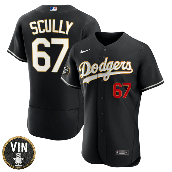 Los Angeles Dodgers Vin Scully Patch Black Gold Trim Jersey - All Stitched