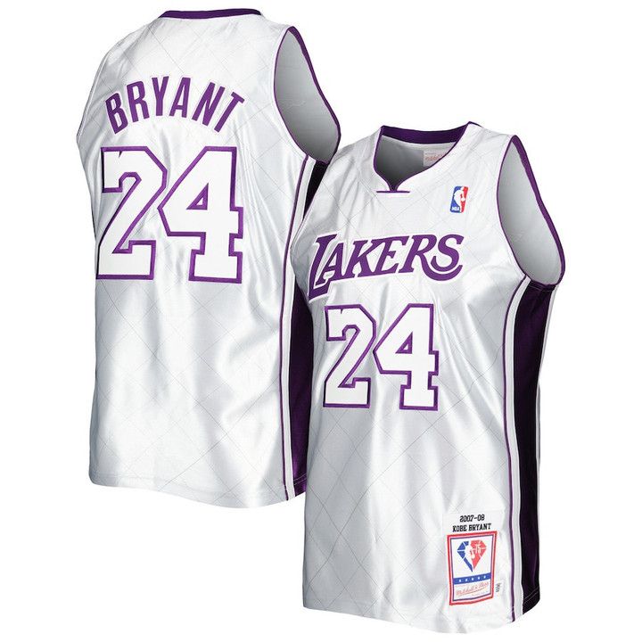 Kobe Bryant Los Angeles Lakers Mitchell And Ness 2007-08 Hardwood Classics 75th Anniversary Platinum Authentic Jersey Silver - All Stitched