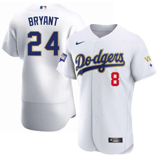 Kobe Bryant Lakers Patch Dodgers 2020 Championship Gold Trim Flex Base White Jersey - All Stitched