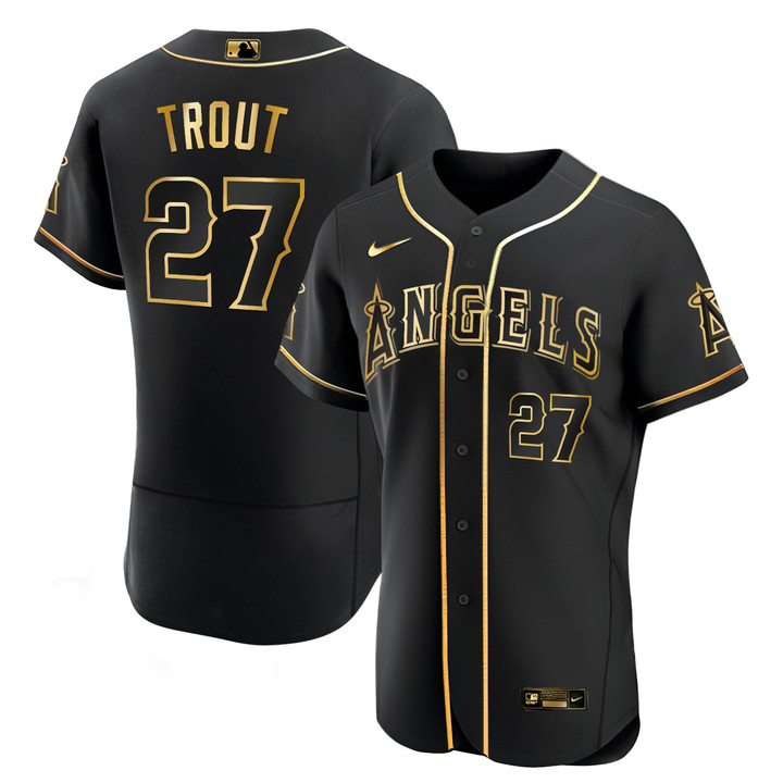 Men's Mike Trout Los Angeles Angels Black Gold & White Gold Jersey - All Stitched