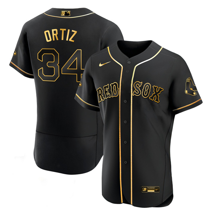 David Ortiz Boston Red Sox Black & White Gold Jersey - All Stitched