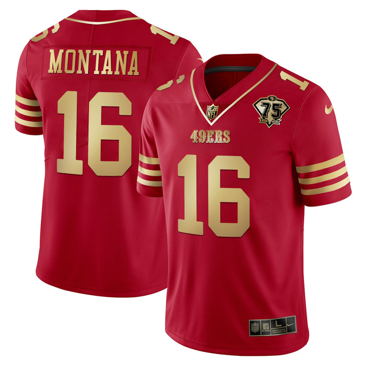 Joe Montana 49ers 75th Anniversary Patch Red Gold Jersey - All Stitched