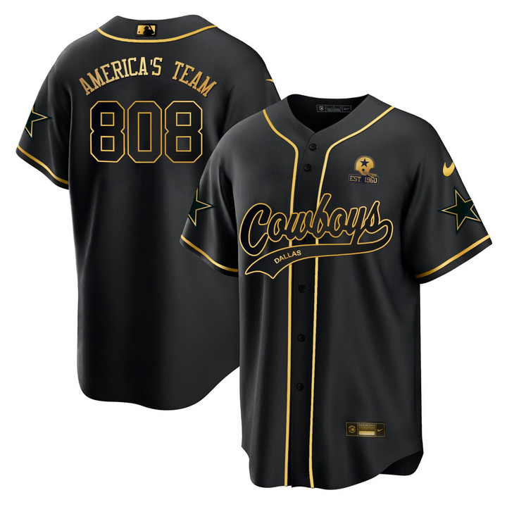 America's Team #808 Dallas Cowboys Baseball Black Gold Jersey - All Stitched