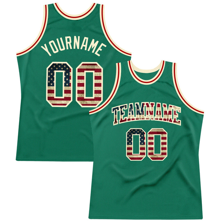 Kelly Green Vintage USA Flag-Cream Throwback Custom Basketball Jersey