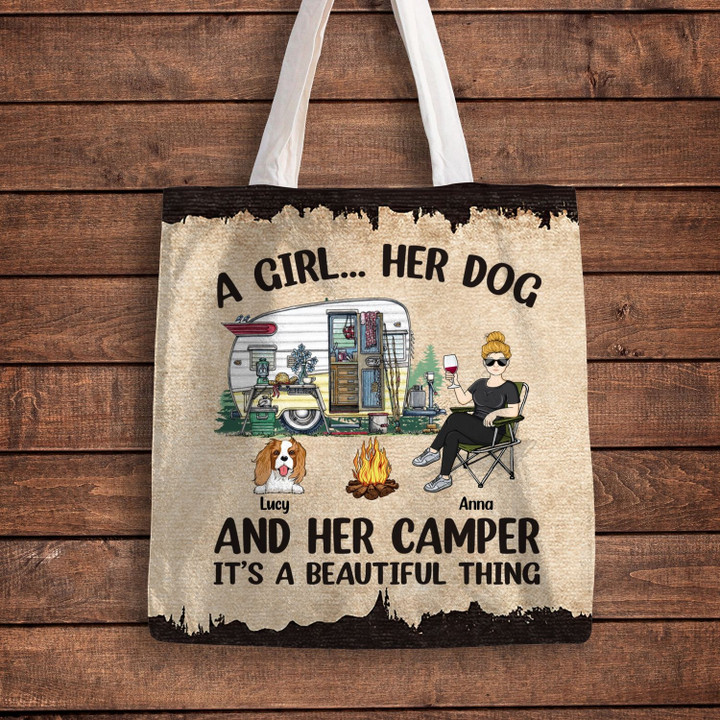 A GIRL HER DOG AND HER CAMPER - GIFT FOR CAMPERS - PERSONALIZED CUSTOM TOTE BAG