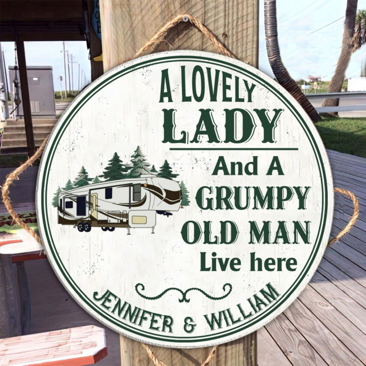 A Lovely Lady And A Grumpy Old Man Live Here - Camping Couple - Personalized Custom Flag - Personalized Wooden Sign