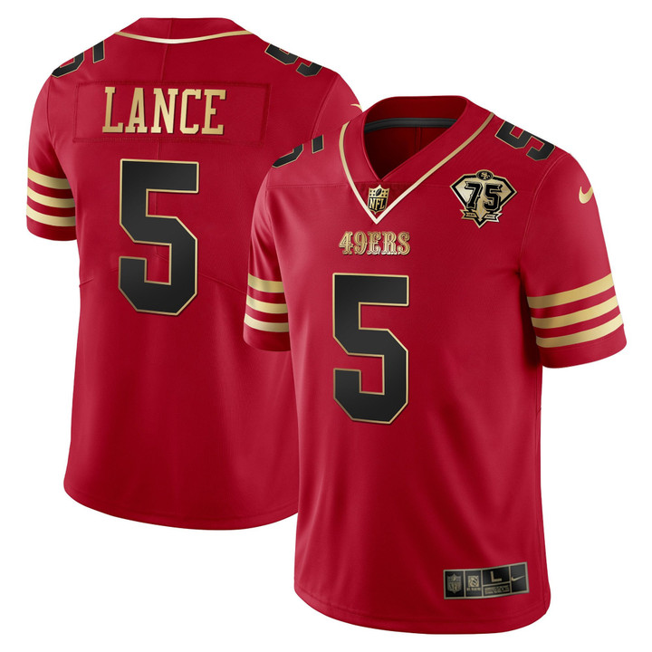 Men's Trey Lance 49ers 75th Anniversary Patch Vapor Black Red Gold Limited - All Stitched