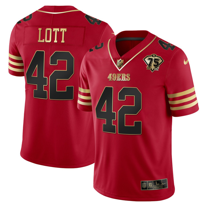 Men's Ronnie Lott 49ers 75th Anniversary Patch Vapor Black Red Gold Limited - All Stitched
