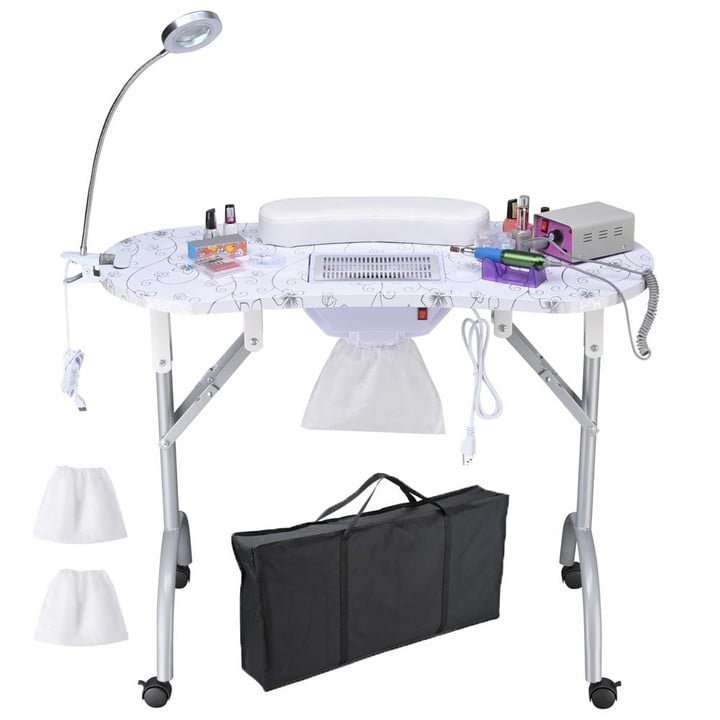 Nail Tech Table with Dust Collector Magnifier Lamp White