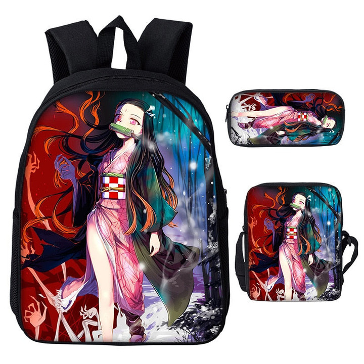 2022 Students Backpack Anime Demon Slayer Kamado Nezuko School Bag Backpack Satchel Messenger Bag Pen Bag Three Pieces Set Gift