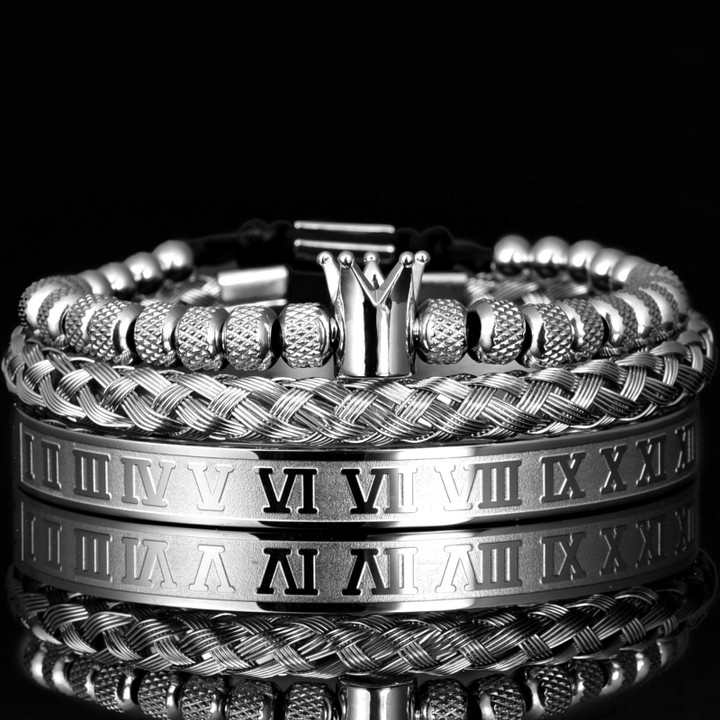 King Bling Royal Ice Roman Numerals Bracelet 3PCS Set