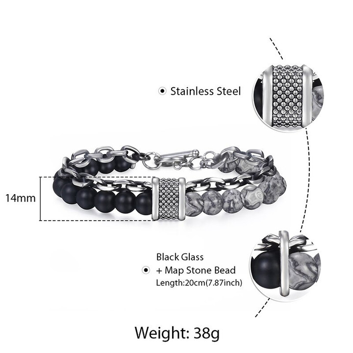 Black Beaded Bracelet Gunmetal Cut Cable Link Chain Stainless Steel