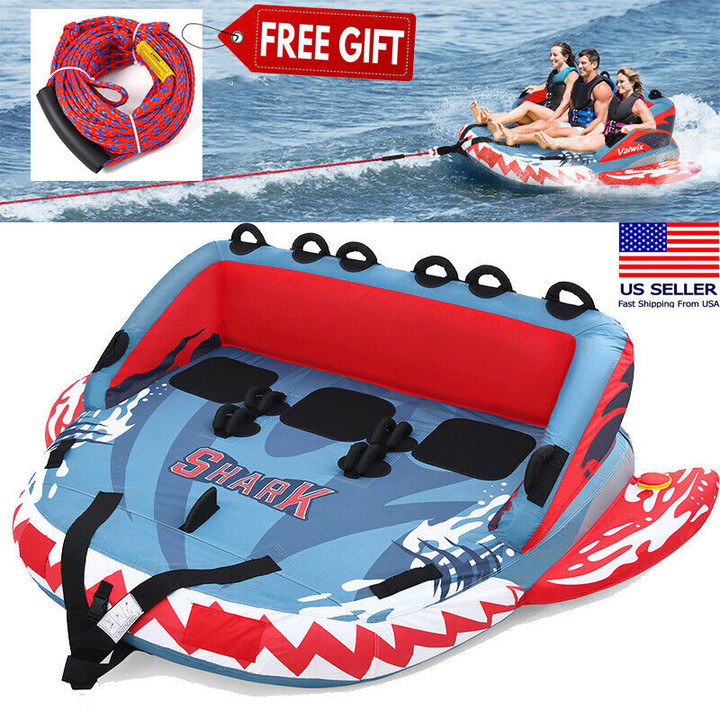 3-Person Inflatable Shark Towable Tube with Dual Front and Back Tow Points