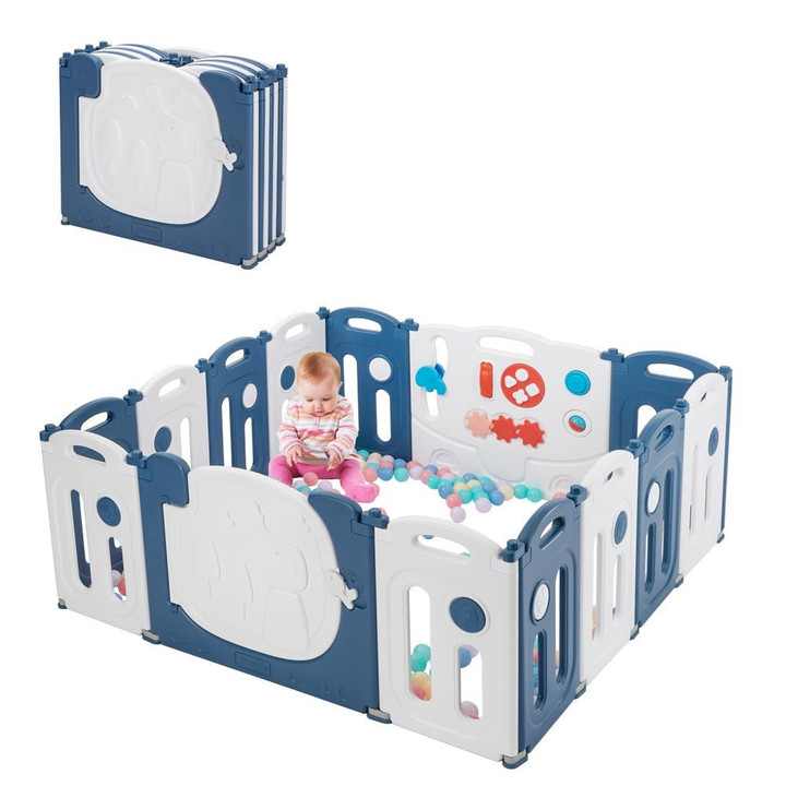 14 Panels Safety Foldable Little Elephant Baby Playpen with Locked Blue White