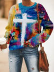 Womens Christian Cross Print Tie Dye Fashion Crew Neck Sweatshirt - 1