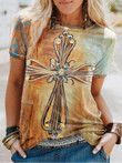 Womens Retro Lady Christian Cross Tie Dye Print Short Sleeve T-shirt - 1