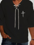 Mens casual black nail cross print long-sleeved lace-up T-shirt - 2