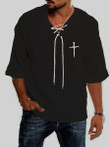 Mens casual black nail cross print long-sleeved lace-up T-shirt - 1