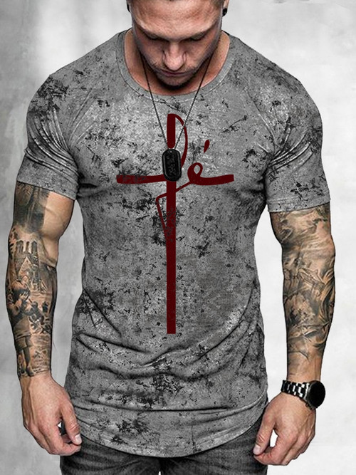 Mens Christian Cross Simple Design Print Short Sleeve T-shirt