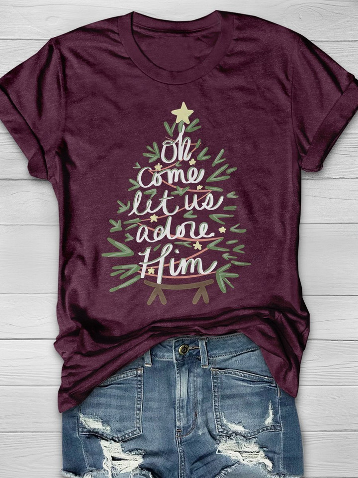 Let Me Adore Him Christmas Tree Print Short Sleeve T-shirt - 1