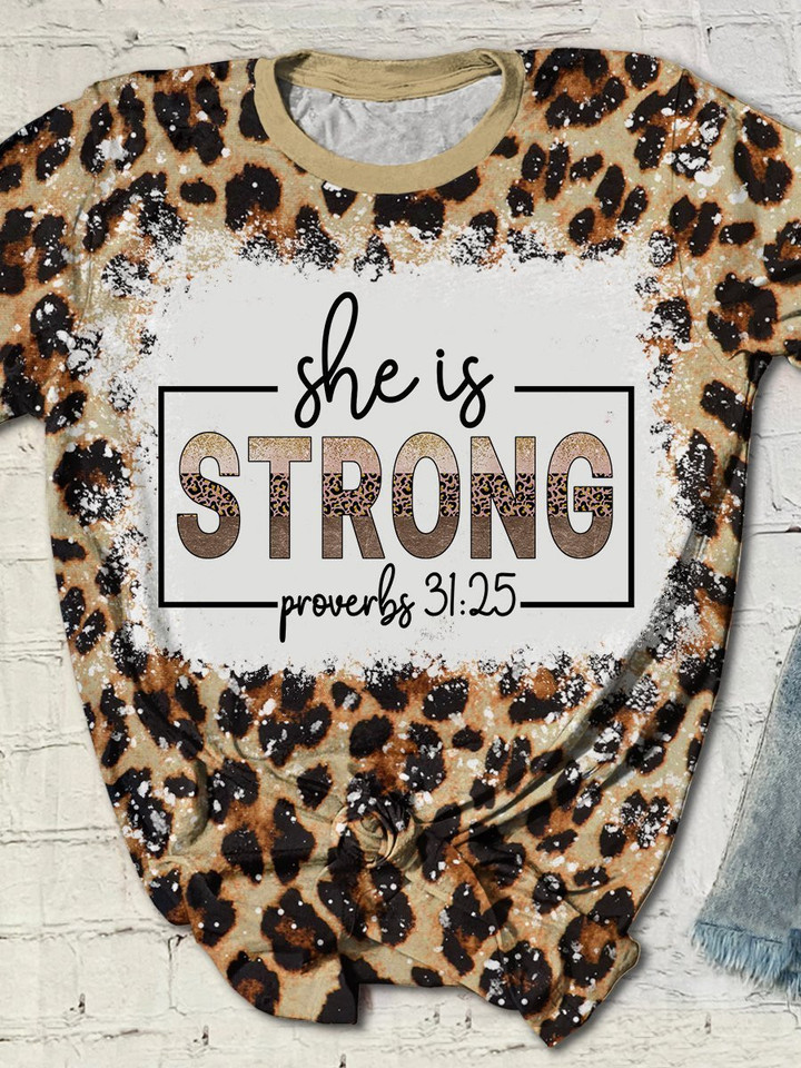 She Is Strong Christian Leopard Print Short Sleeve T-shirt - 1
